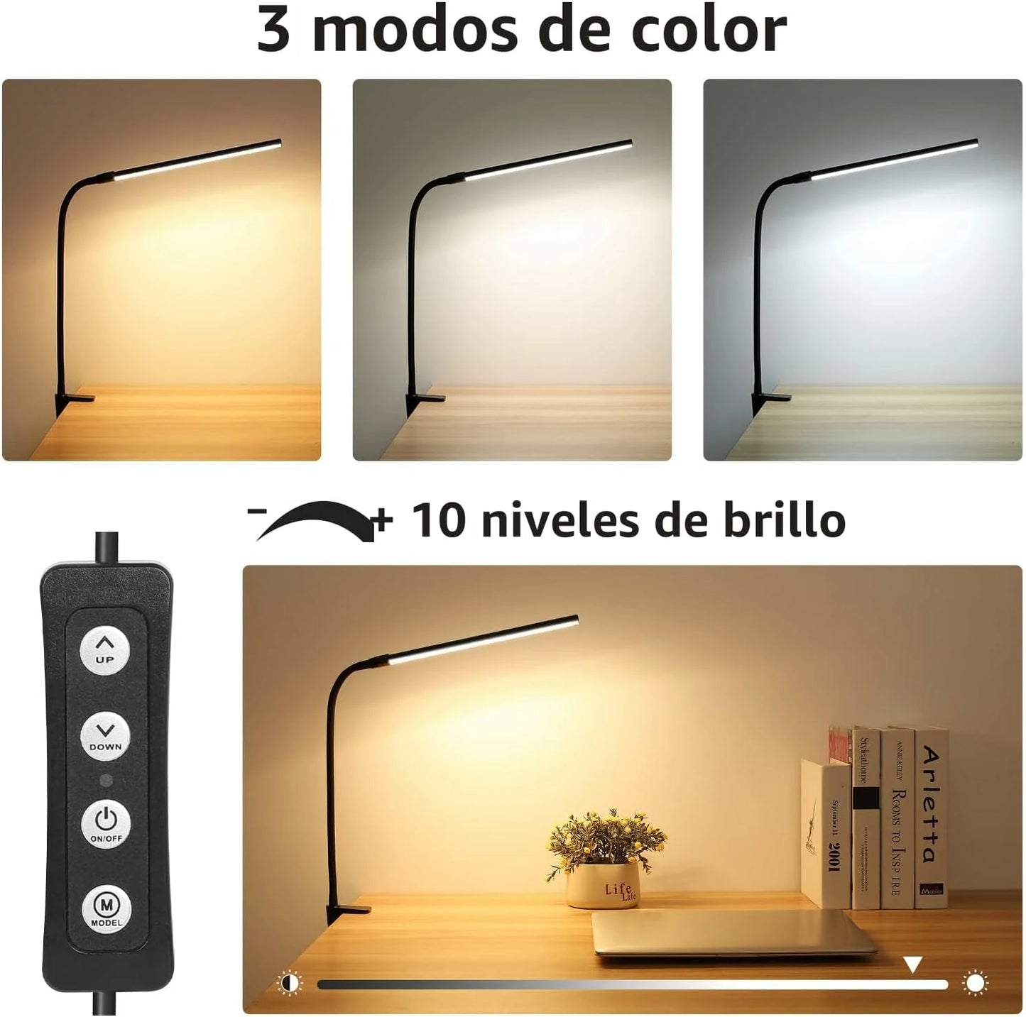 Lámpara LED De Escritorio Cuello Flexible Con Clip De Sujeción 3 Modos De Color