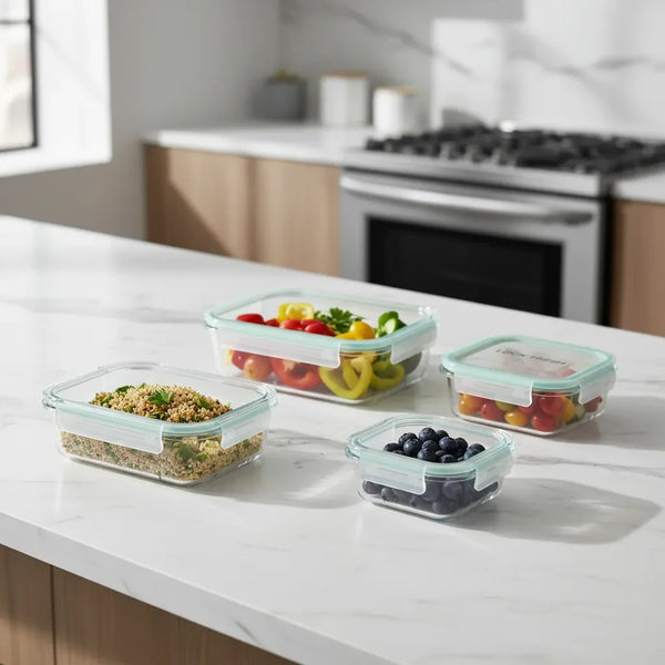 Juego de 4 Contenedores de Vidrio Herméticos Borosilicato — Apto Horno, Microondas y Congelador, Libre de BPA