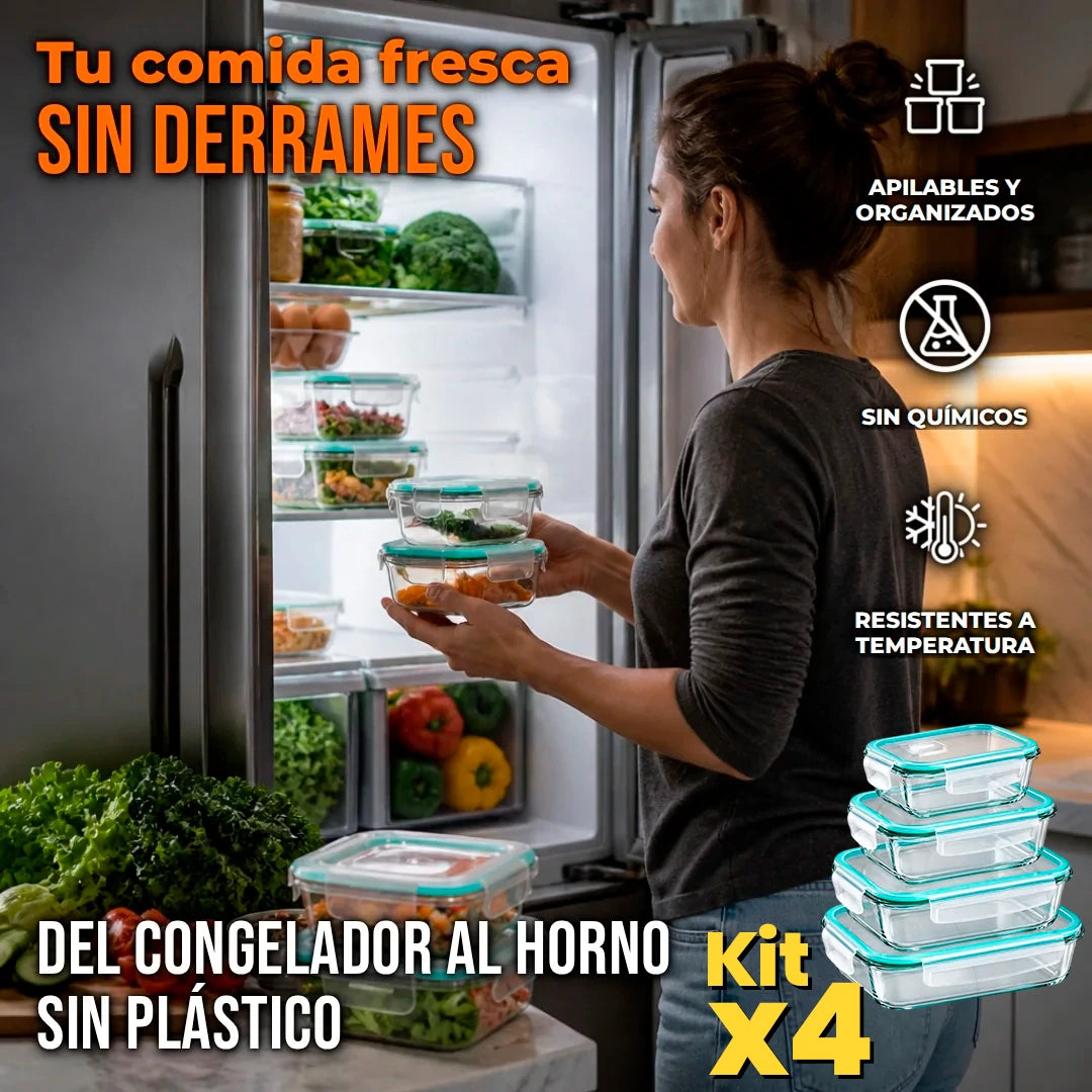 Kit X4 Recipientes De Vidrio Con Tapa Hermética