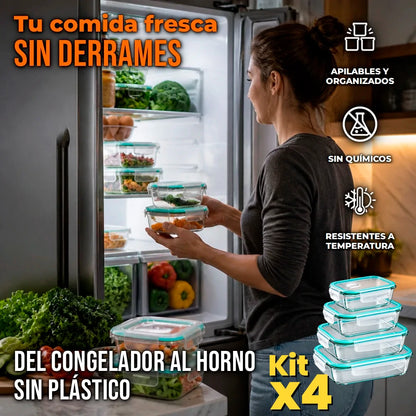 Kit X4 Recipientes De Vidrio Con Tapa Hermética