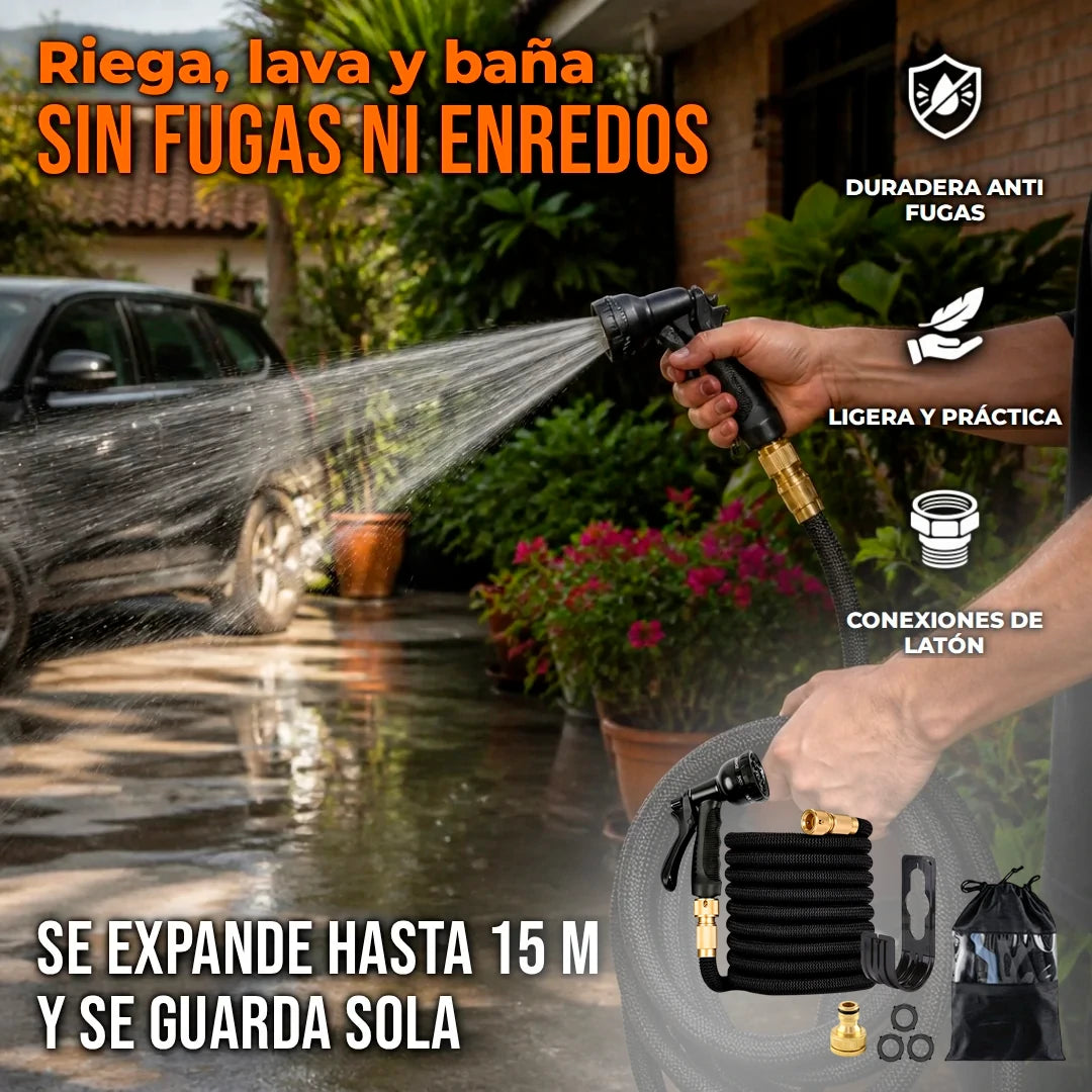 Manguera De Jardín Retráctil Expandible 15 Mts Con Boquilla de 8 Modos