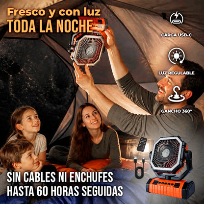 Ventilador De Camping Portátil Recargable 360° Con Linterna LED Control Remoto