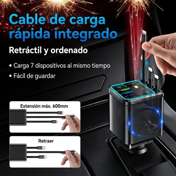 Cargador Retráctil 7 en 1 para Auto 102W con Luces Estrella — Carga Rápida USB-C y Apple