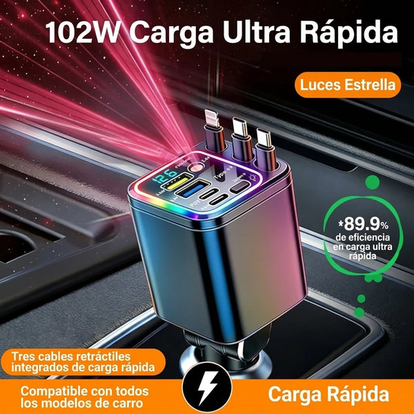 Cargador Retráctil 7 en 1 para Auto 102W con Luces Estrella — Carga Rápida USB-C y Apple