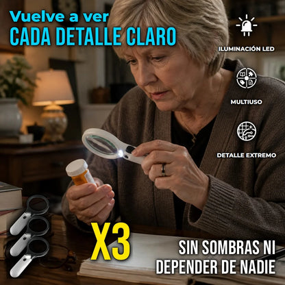 Kit X3 Lupa De Gran Aumento Con Luz Led Para Lectura