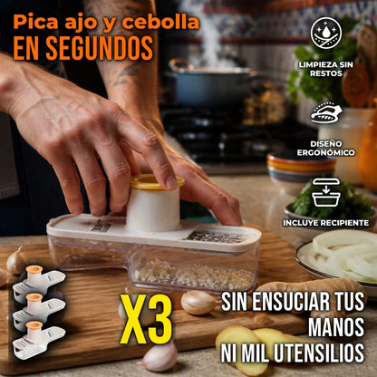 Pack X3 Mini Cortador 3 En 1 Rallador De Verduras Con Recipiente