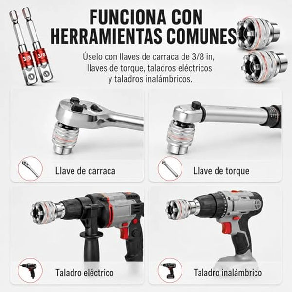 Kit Profesional 2 Piezas Llave De Vaso Autoajustable Universal Con Adaptador 3/8"