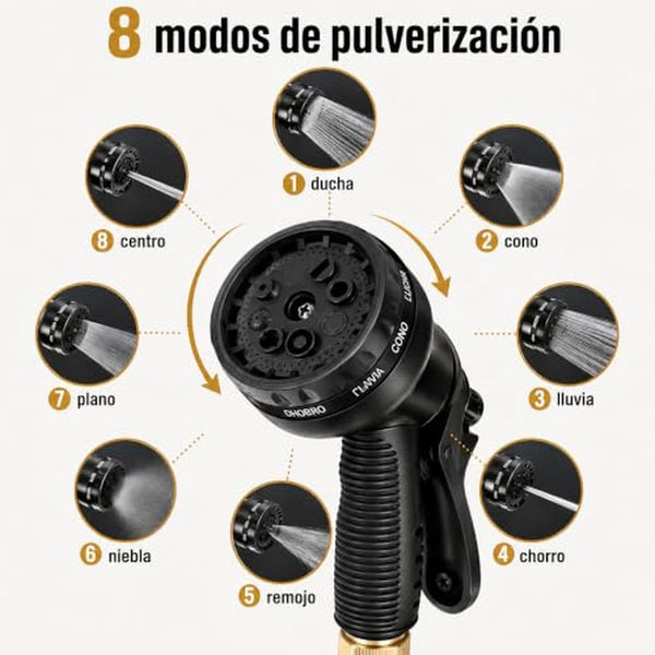 Manguera de Jardín Extensible ELEVO 15 m Con Boquilla de 8 Modos y Conexiones Anti-Fugas
