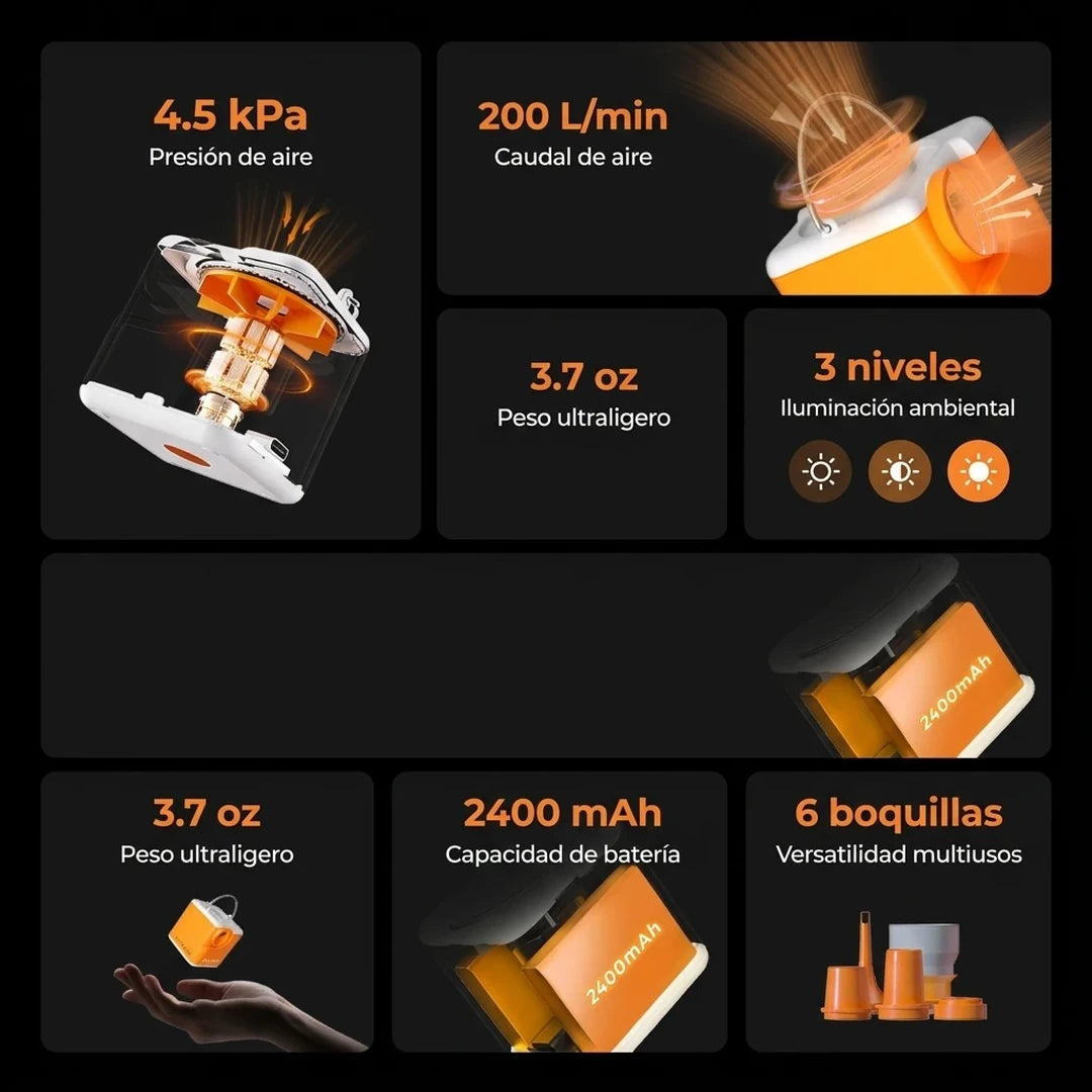 Mini Bomba De Aire Portátil Para Inflables Con 6 Boquillas Y Luz LED Para Camping