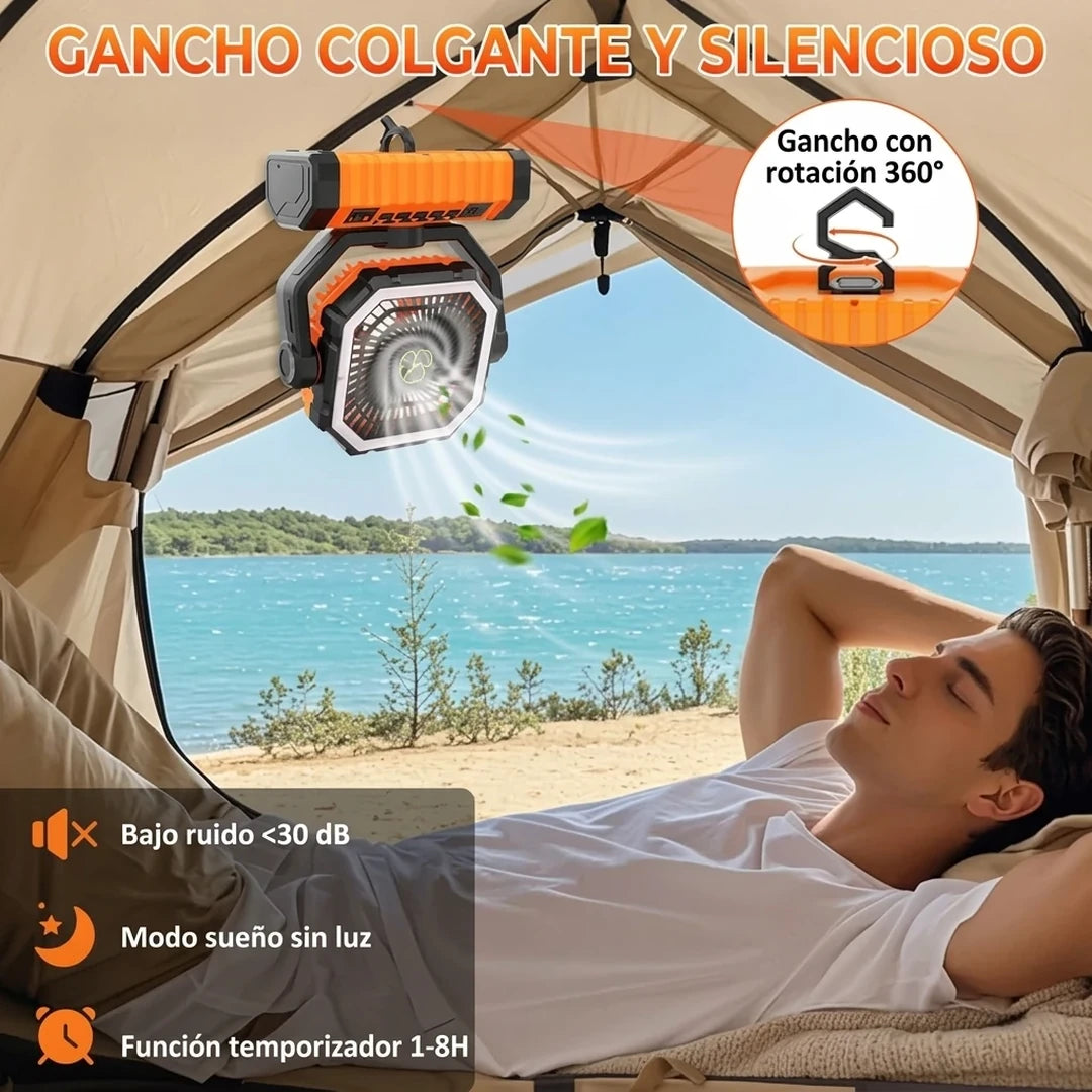 Ventilador De Camping Portátil Recargable 360° Con Linterna LED Control Remoto