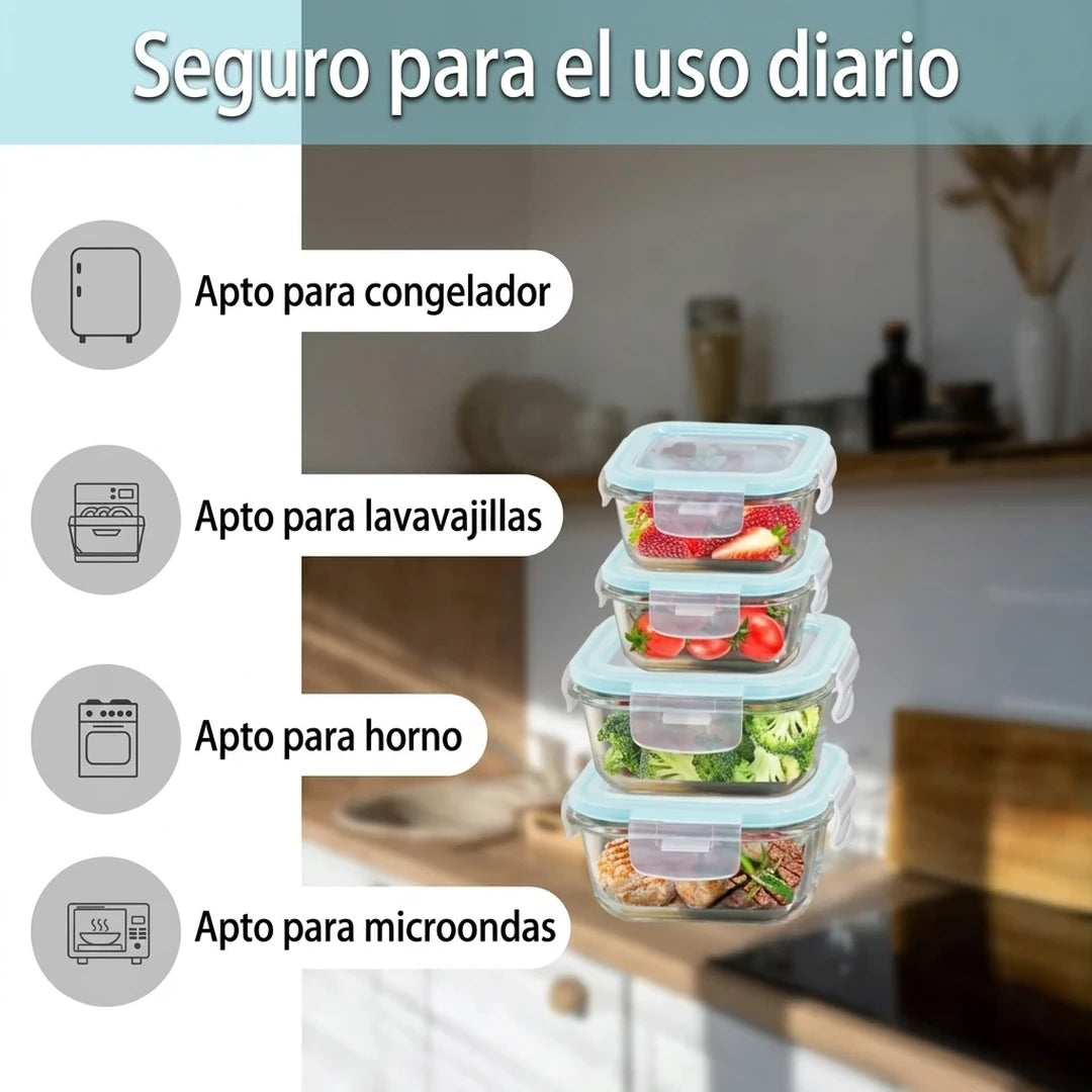 Kit X4 Recipientes De Vidrio Con Tapa Hermética