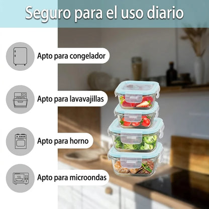 Kit X4 Recipientes De Vidrio Con Tapa Hermética
