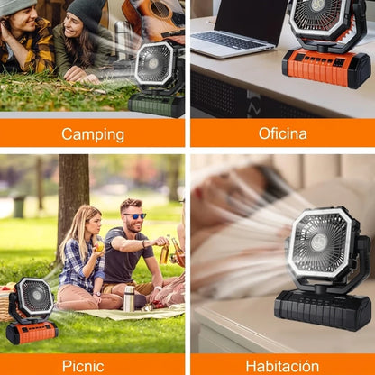 Ventilador De Camping Portátil Recargable 360° Con Linterna LED Control Remoto