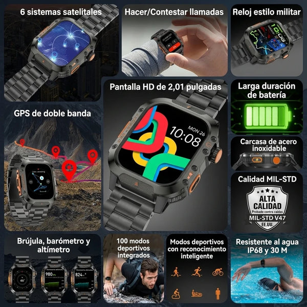 Smartwatch Militar Hombre Con GPS Doble Banda, Brújula y Linterna LED
