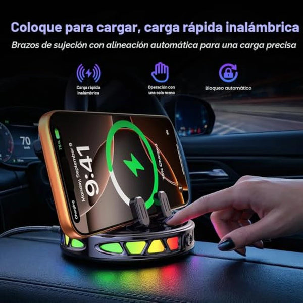 Soporte Cargador Inalámbrico Automóvil Con Succión Eléctrica RGB y Carga 15W