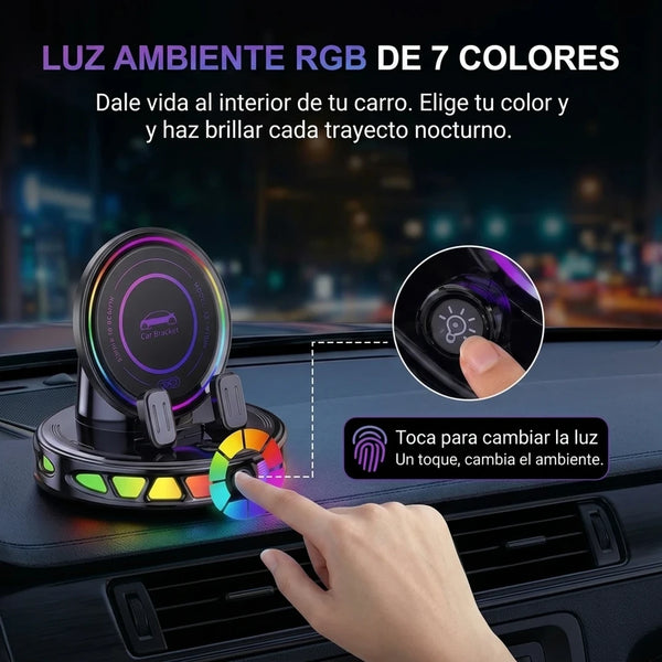 Soporte Cargador Inalámbrico Automóvil Con Succión Eléctrica RGB y Carga 15W