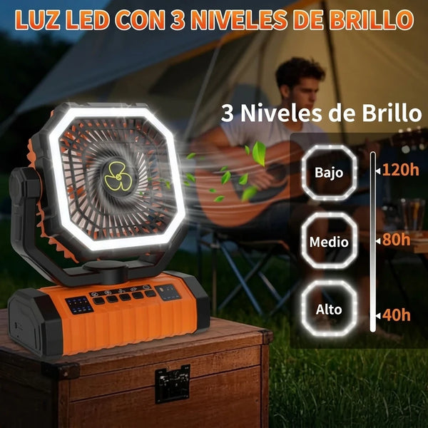 Ventilador de Camping Recargable 20000mAh 2-en-1 Con Luz LED, Mando y Gancho 360°