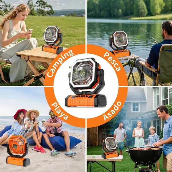 Ventilador de Camping Recargable 20000mAh 2-en-1 Con Luz LED, Mando y Gancho 360°