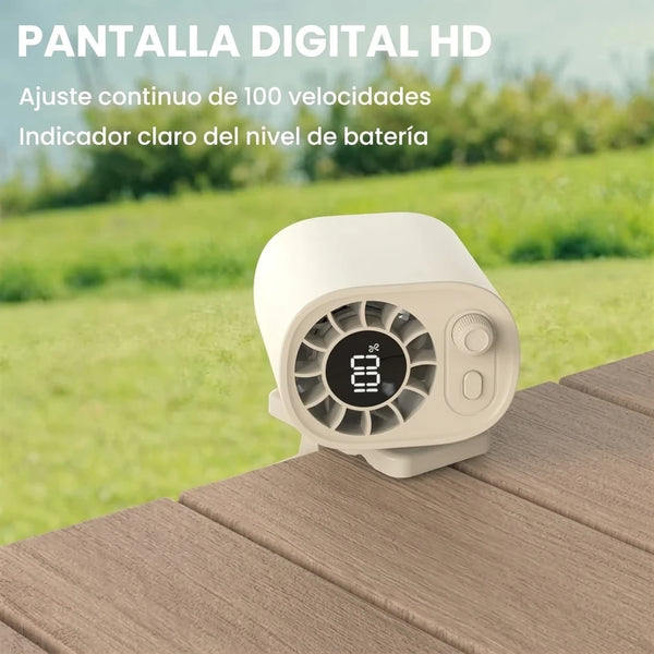 Ventilador Portátil con Clip 100 Velocidades + 360° y Pantalla LED — Recargable USB-C (Auto, Escritorio y Camping)